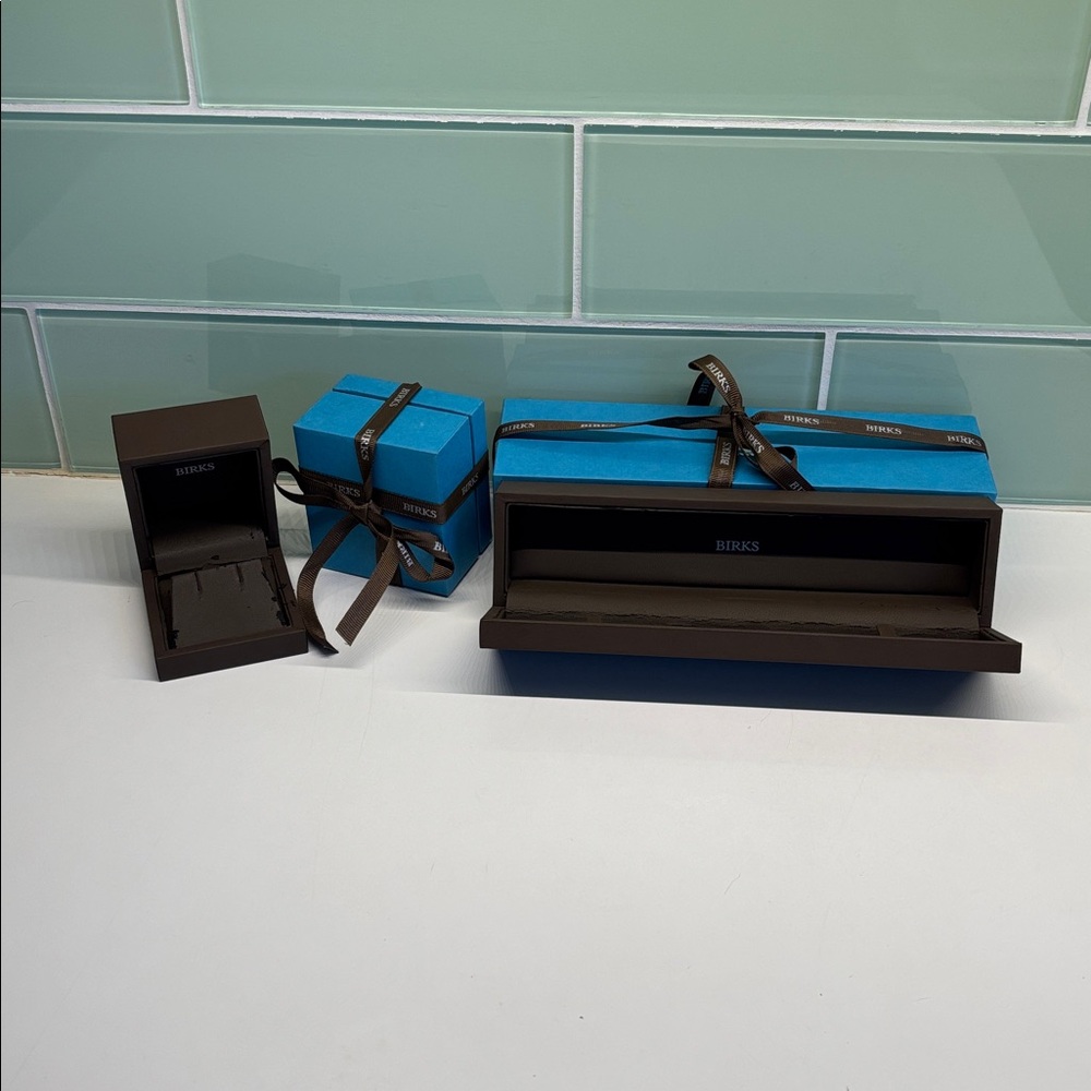 BIRKS Blue Gift Boxes with Brown Trim & Ribbon